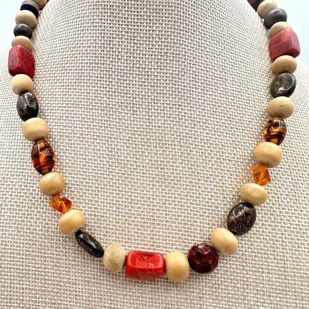 Vintage Y2K Eclectic Earthy Necklace Jasper Wood Amber Natural Beaded Jewelry